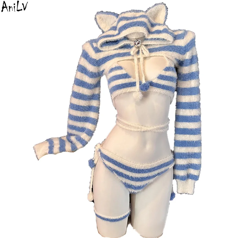 

AniLV Anime Blue Cat Girl Bell Striped Uniform Cute Plush Underwear Pyjamas Outfits Cosplay Costume