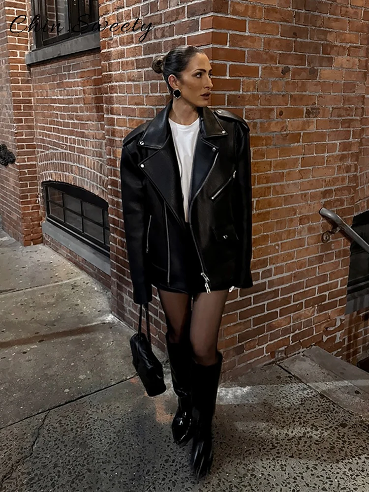 Chaqueta de cuero con cremalleras asimétricas para mujer, abrigo holgado con solapa lisa y bolsillos de manga larga, prendas de vestir elegantes para Otoño e Invierno 2025