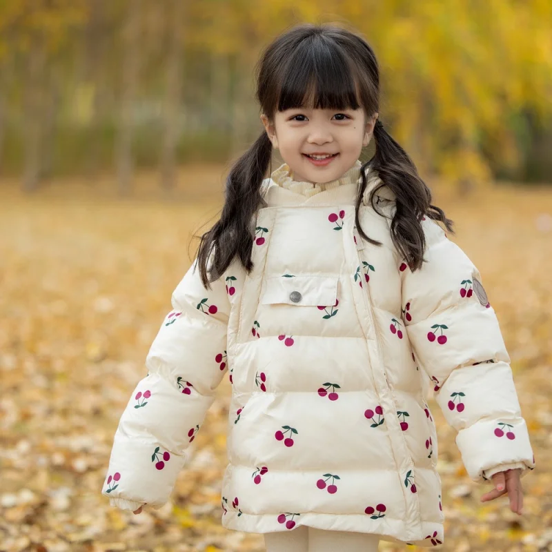 Girls Coat Jacket Cotton Windproof Outwear 2023 Cherry Warm Thicken Velvet Winter Skiwear Children\'s Clothing