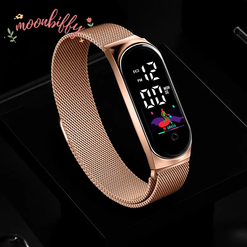 Luxury Digital Watch Women Rose Gold Electronic LED Wristwatch Metal Strap Fashion Luminous Ladies Watch Bracelet Montre Femmes