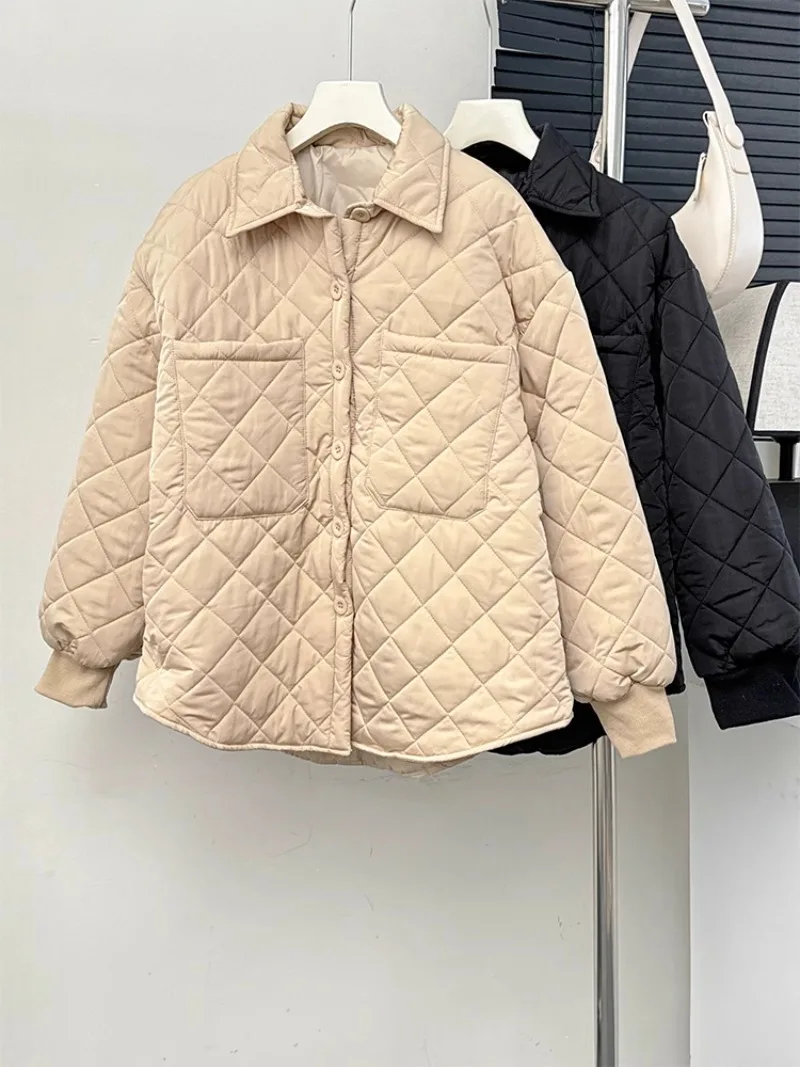 Single-breasted Vintage Clothes Puffer Jacket Turn Down Collar Argyle High Street Coats Autumn Winter New Korean Vintage Parkas