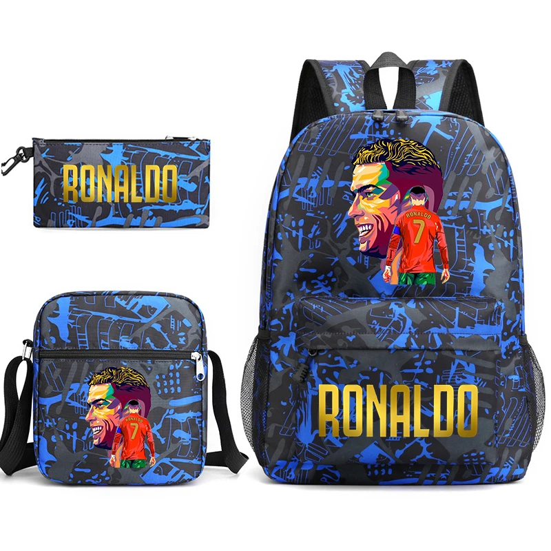 Ronaldo printed children\'s backpack set student school bag shoulder bag pencil case 3-piece set suitable for boys and girls