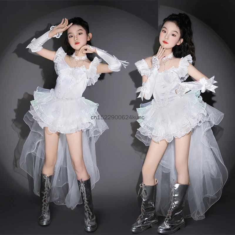 Girls Group Fashion Jazz Dance Set White Fluffy Tulle Top Tutu Skirt with Drag Net Childs Korean Idol Stage Performances Costume