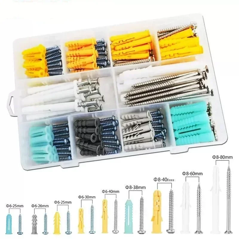 220pcs Plastic Selfdrill Drywall Self Tapping Phillips Screws Expansion Drywall Ribbed Plug Anchors Assortment Kit