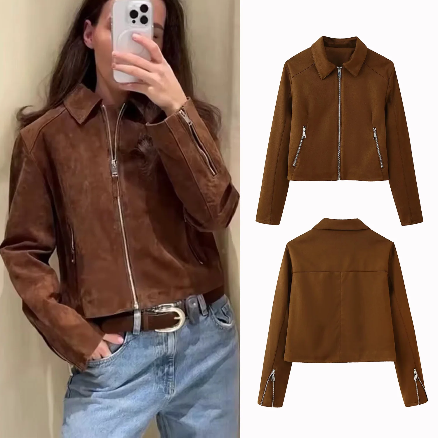 

Модные женские короткие куртки, пальто, осенняя повседневная женская прямая верхняя одежда, 2025 длинные женские куртки с карманами на молнии и отложным воротником