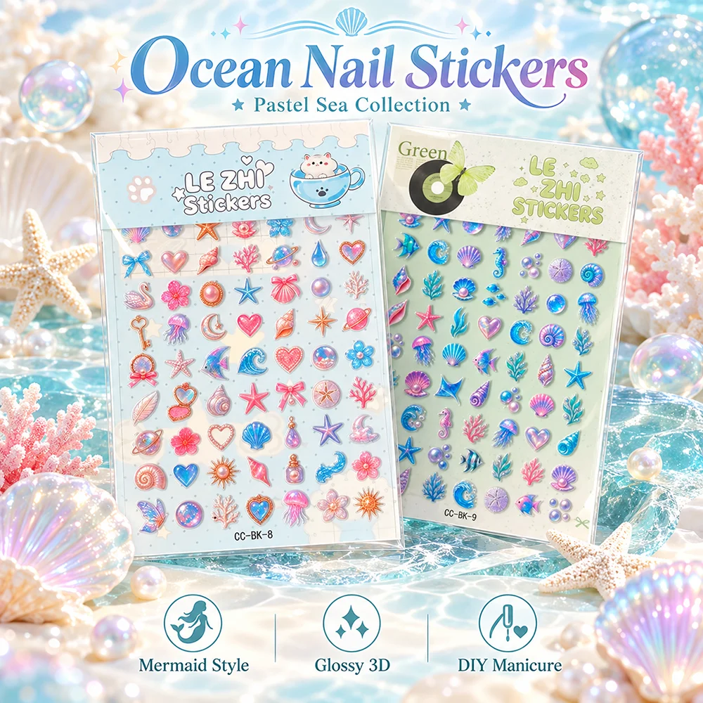Lezhi Ocean Nail Stickers 3D Mermaid Sea Shell Decals Pastel Blue Wave Design For Nail Art DIY Manicure Decoration Cute Beauty