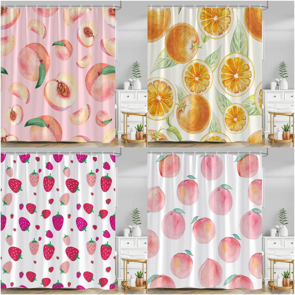 

Fruit Strawberry Shower Curtain Watercolour Peach Cherry Watermelon Summer Plant Leaf Polyester Fabric Bathroom Decor Curtain