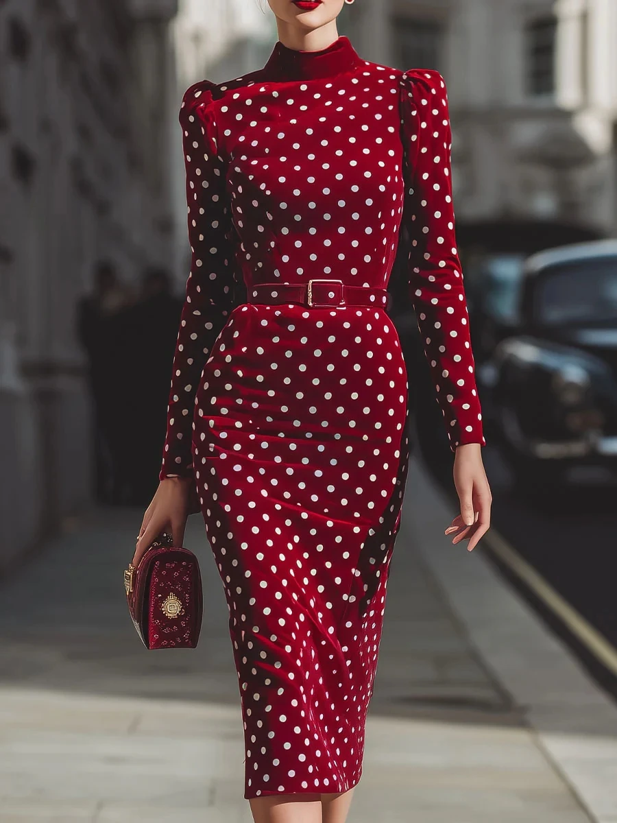 Customized High Collar Long Sleeve Formal Evening Dress Polka Dot Straight Knee Length Prom Gown with Adjustable Sash Midi Dress