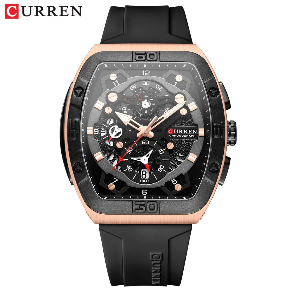 CURREN 8443 Men\'s Quartz Watch Fashion Unique Calendar Sport Clock Red Blue Silicone Strap Analog Display Watches for Male