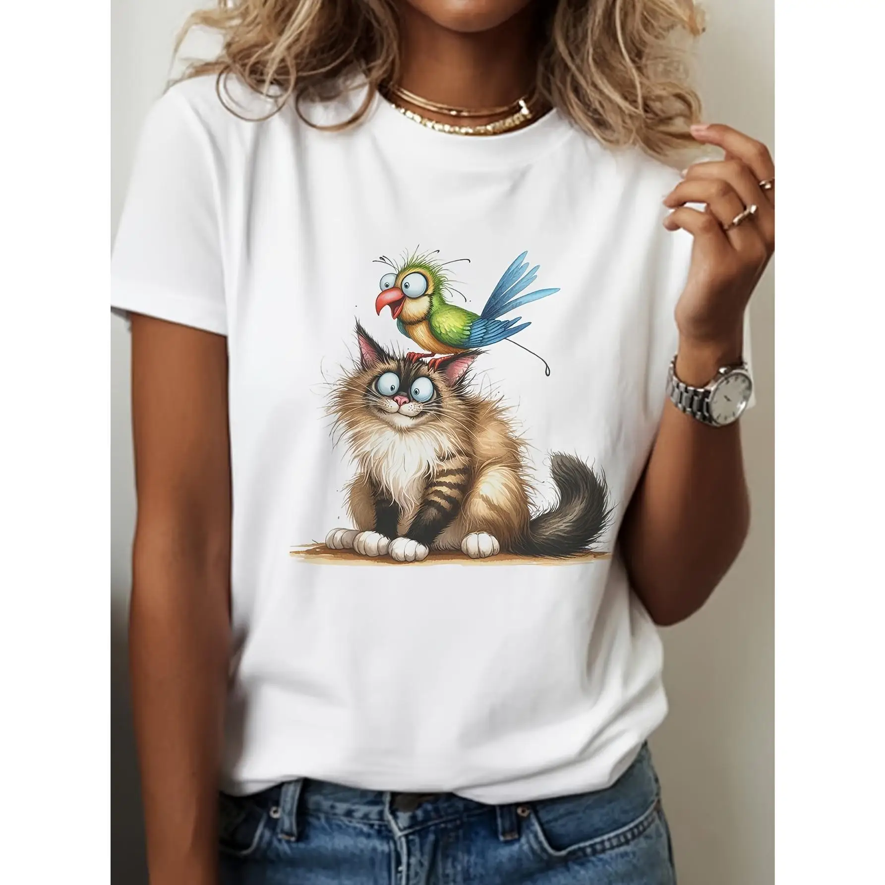 

Funny Cat & Parrot T-Shirt Women's Cute Animal Friends Graphic Tee Pet Lover Gift Humorous Kitten Bird Print Top Casual Apparel
