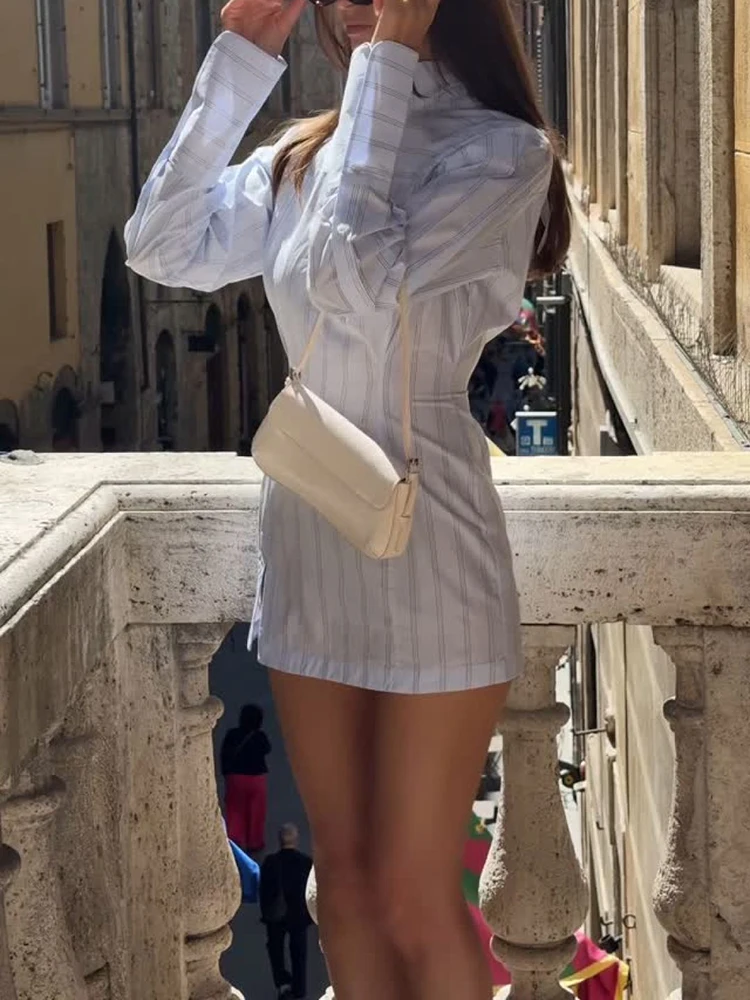 Robe chemise à rayures bleues, tempérament élégant, nœud papillon, ceinture flottante, taille haute, Slim, manches longues, pour femmes, nouvelle collection automne 2025