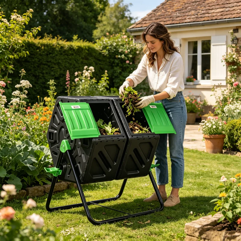 Bac à compost surélevé 130L 360 °   Conteneur de compostage extérieur rotatif anti-rongeurs avec 24 trous de ventilation pour les déchets de cuisine et de jardin