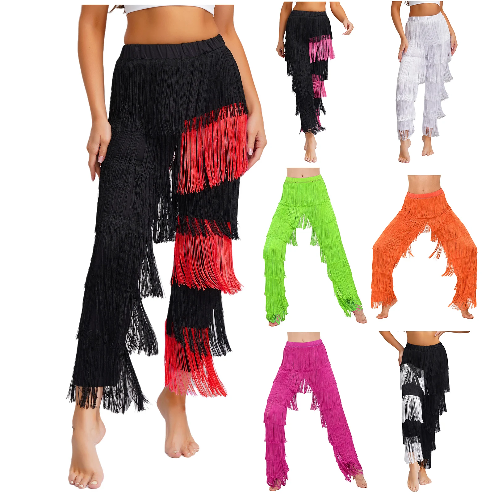 Pantalon à franges de danse latine pour femmes, ceinture élastique, couleur contrastée, pantalon à franges, Chacha Tango Rumba, Costume de danse, vêtements de danse latine