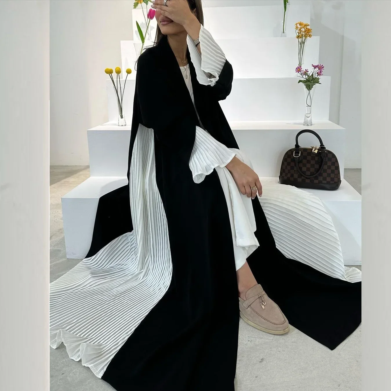 

Eid Open Abaya Dubai Black White Pleated Muslim Abayas for Women Turkey cardigan Islamic Modest Outfits Kimono Femme Musulmane