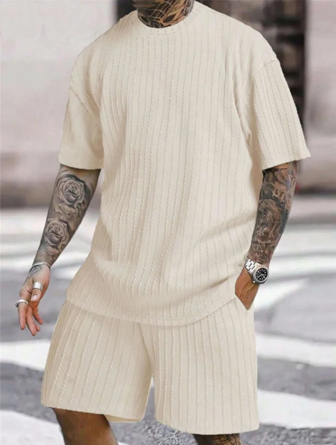 GELITAYIN  Men's Sports Suit Hot Item Solid Color Round Neck Pullover Vertical Pattern Casual Comfortable T-shirt Shorts Two
