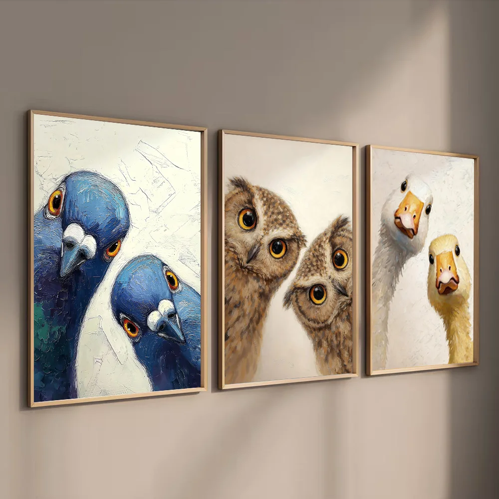 1pc frameless Canvas Painting Whimsical Pigeons Art Prints Funny Animal Wall Decor Owl Dog Cat Retro Mural Poster On Canvas Pain