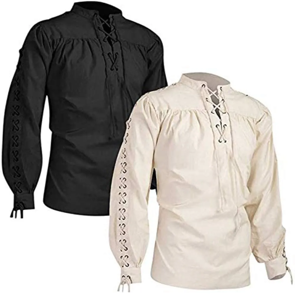 Medieval Shirts Men Tunic Pirate Costume Gothic Clothes Men Vintage Shirt Ruffle Neckline Drawstring Knight Cosplay Halloween