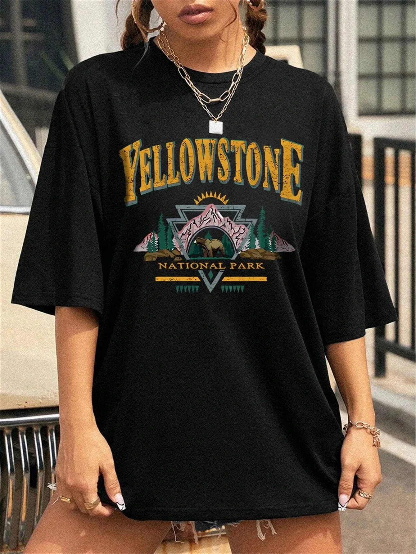 Yellow Stone Cartoon Printing Women T-Shirt Soft Casual Short Sleeve Street Fashion T Shirts Sports Breathable Shirt Female