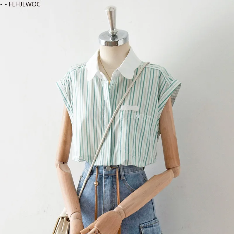 Mince aéré coton lin ample décontracté hauts Blouses nouvelle mode femmes été vert rayé chemises Y2K rétro Vntage mignon Blouse