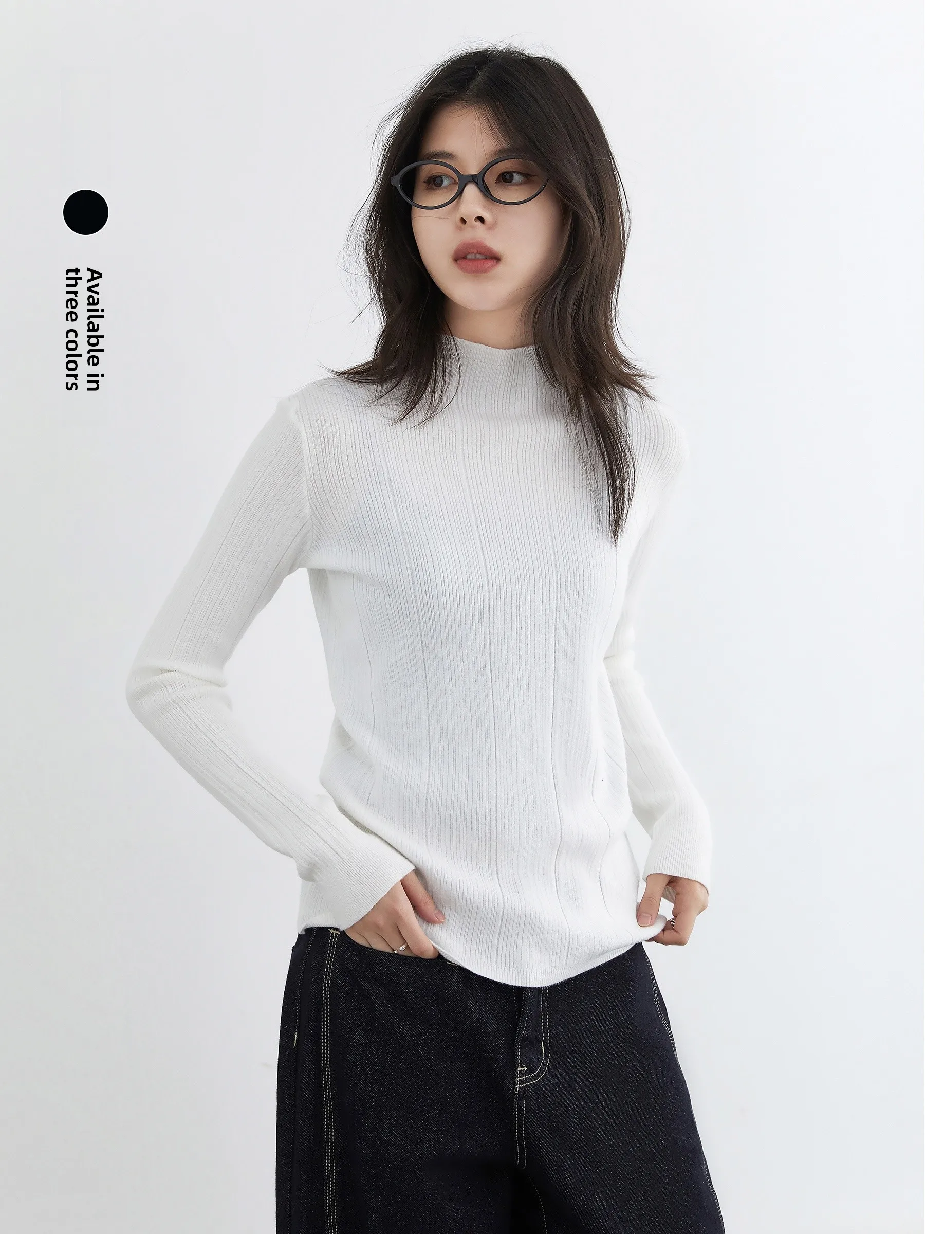 

Ele Зимний трикотаж Long Sve f с высоким воротником, облегающий твидовый узор, мягкое полиэфирное волокно, корейский Sle Commute Faion