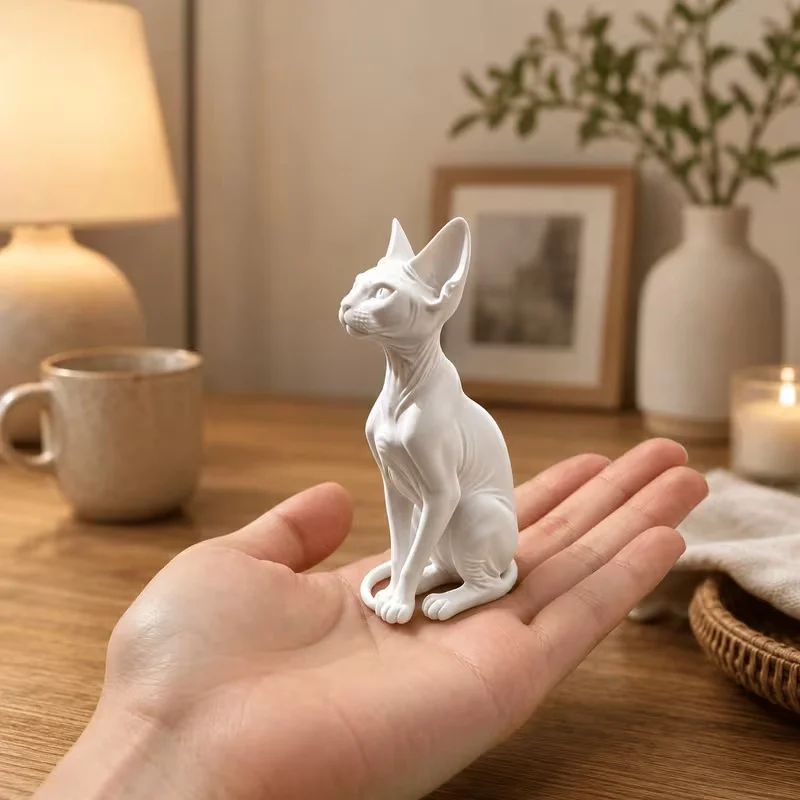 3D Printed Sphynx Cat Figurine, Plastic Hairless Cat Sculpture, Realistic Animal Statue Home Desktop Decor Ornament