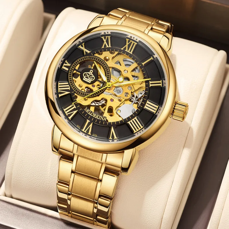 

Fashion Men's Full Stainless Steel Luxury Golden Skeleton Watch for MenCasual Hollow Mechanical Wrist Watches Reloj Hombre