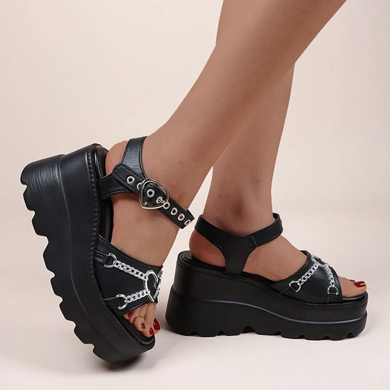 Summer Plus Size 35-43 Lolita Women's Shoes Metal Chain Love Harajuku Sponge Cake Thick Bottom Slope Heel Sandals