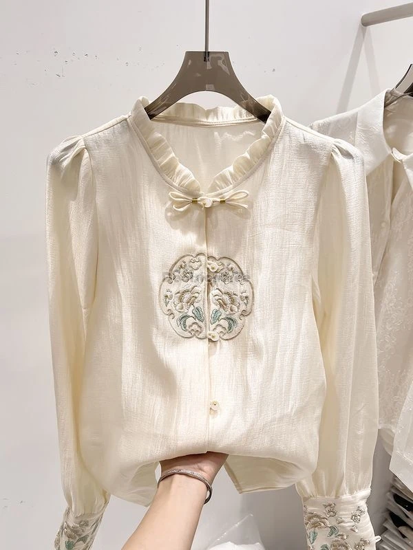 

2024 women spring summer long sleeve blouse fashion collar curling design embroidery new chinese loose retro tang suit top w350