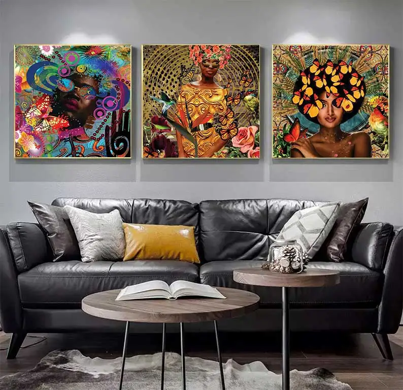 Nordic Flower on The Head with African Women Oil Painting on Canvas Scandinavian Poster Print Bloom Wall Art Picture Hoom Decor