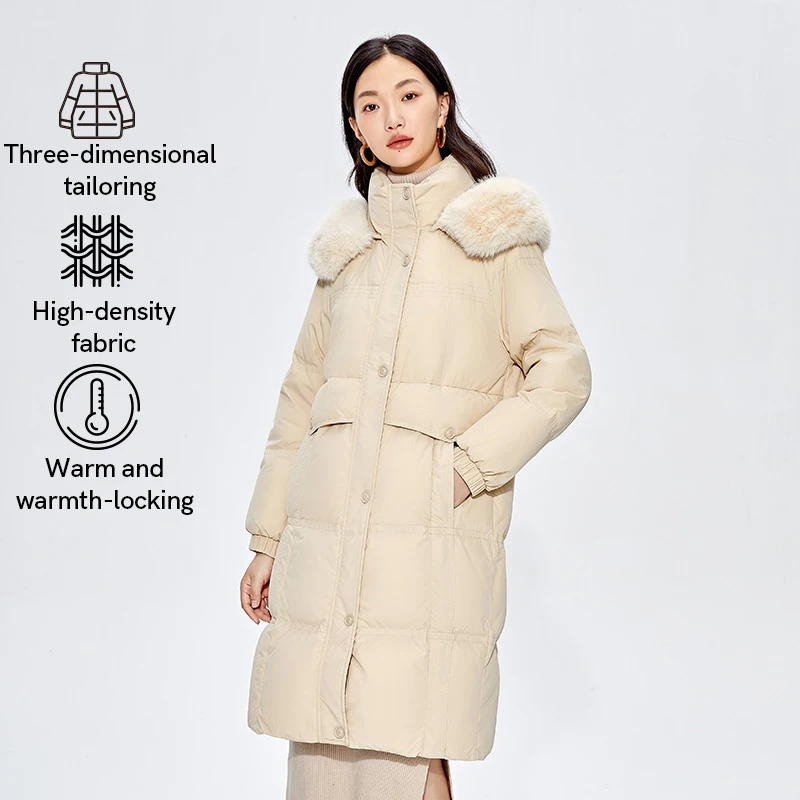 Chericom Women's Winter Longline Hooded Down Coat Faux Fur Trim Oversized Pockets Windproof Cuffs Thermal Insulation Y289225A