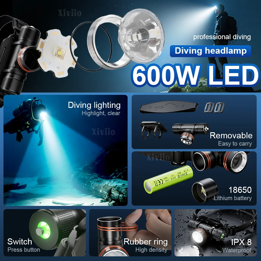 58000000LM Professional LED Powerful Scuba Diving Headlamp Underwater 800M Dive Head Torch IPX8 Submersible Headlight 18650 Lamp