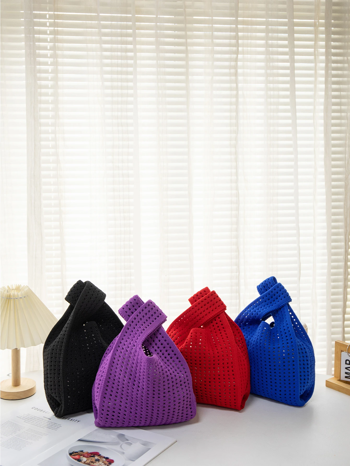 

Mini Knot Wrist-bag Female Casual Color Wide Stripe Plaid Tote Bag Student Reusable Shopping Bag Handmade Knit Handbag Women