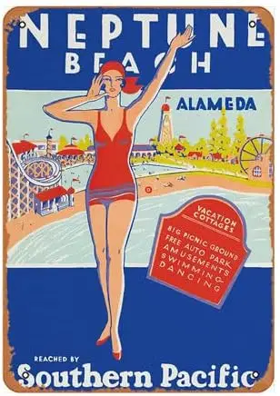 Letrero de metal vintage de Neptune Beach, Alameda, California, póster de viaje vintage, idea de regalo, decoración de pared, letrero metálico retro para decoración de pared