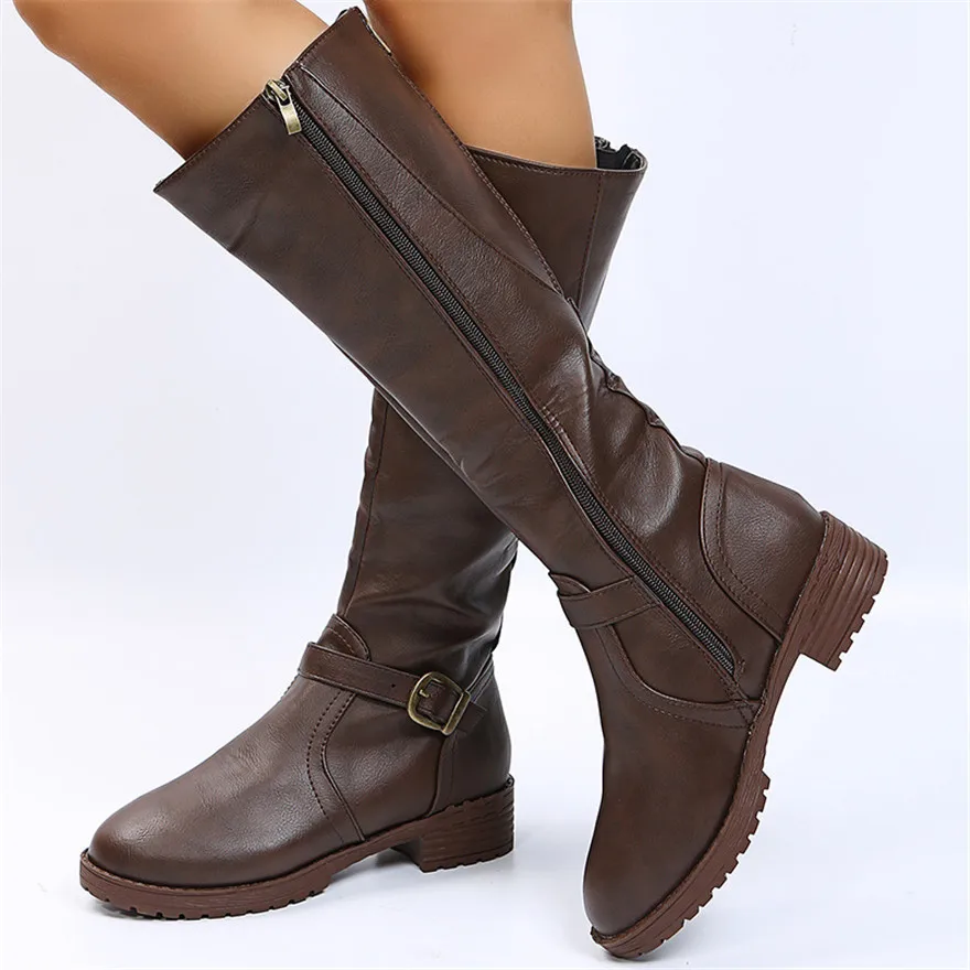 New Soft Leather Women Riding Boots Fashion Double Zipper Chunky Heels Shoes Brown Round Toe Casual Belt Buckle Long Boots Woman