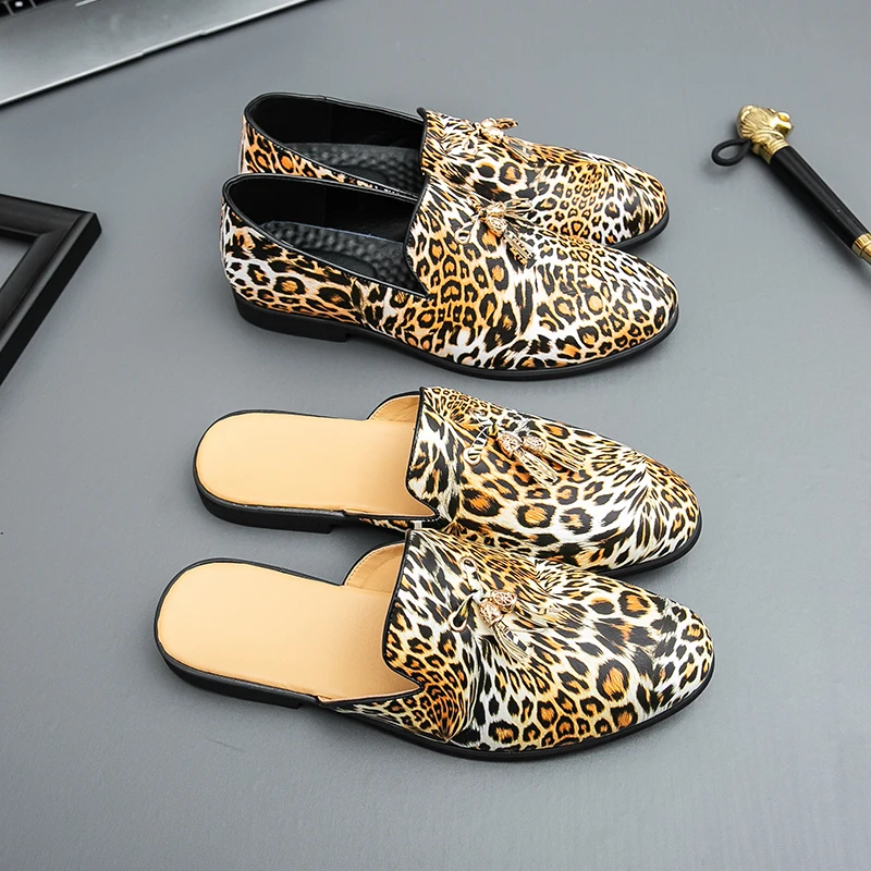 

Кожаные тапочки для мужчин, туфли-лодочки 2025 года, мужские леопардовые летние тапочки для мужчин, повседневные домашние тапочки, мужские получешки, мужские сапато