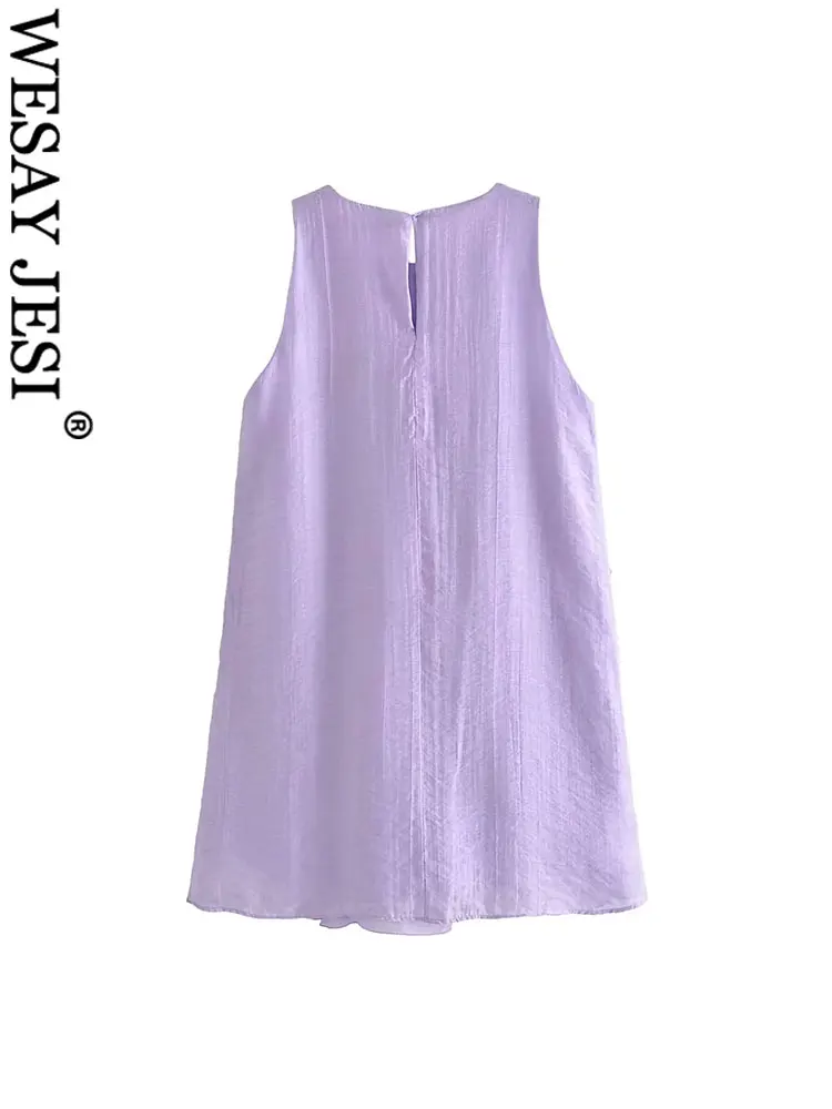 WESAY JESI TRAF-Vestido feminino com babados em camadas, mini vestido forrado sem mangas, botão traseiro, moda roxa, verão