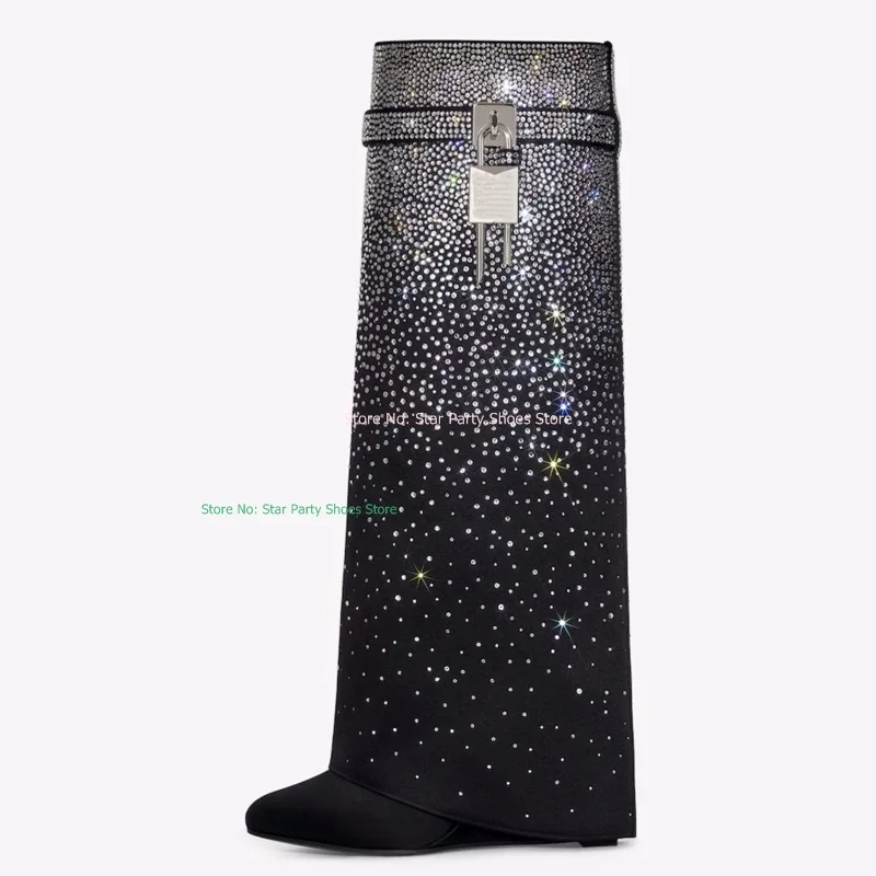 Fashion Woman Lady Crystal Decoration Hide Wedge High Heel Knee High Boots Pointed Toe Shark Lock Decoration Long Footwear