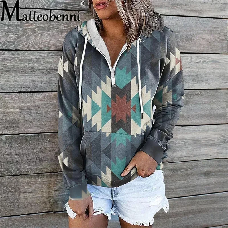 Winter Vintage Geometry Print Pocket Hoodie Women Pullover Sweatshirt Loose Long Sleeves Casual Bohemian Autumn Ladies Zipper