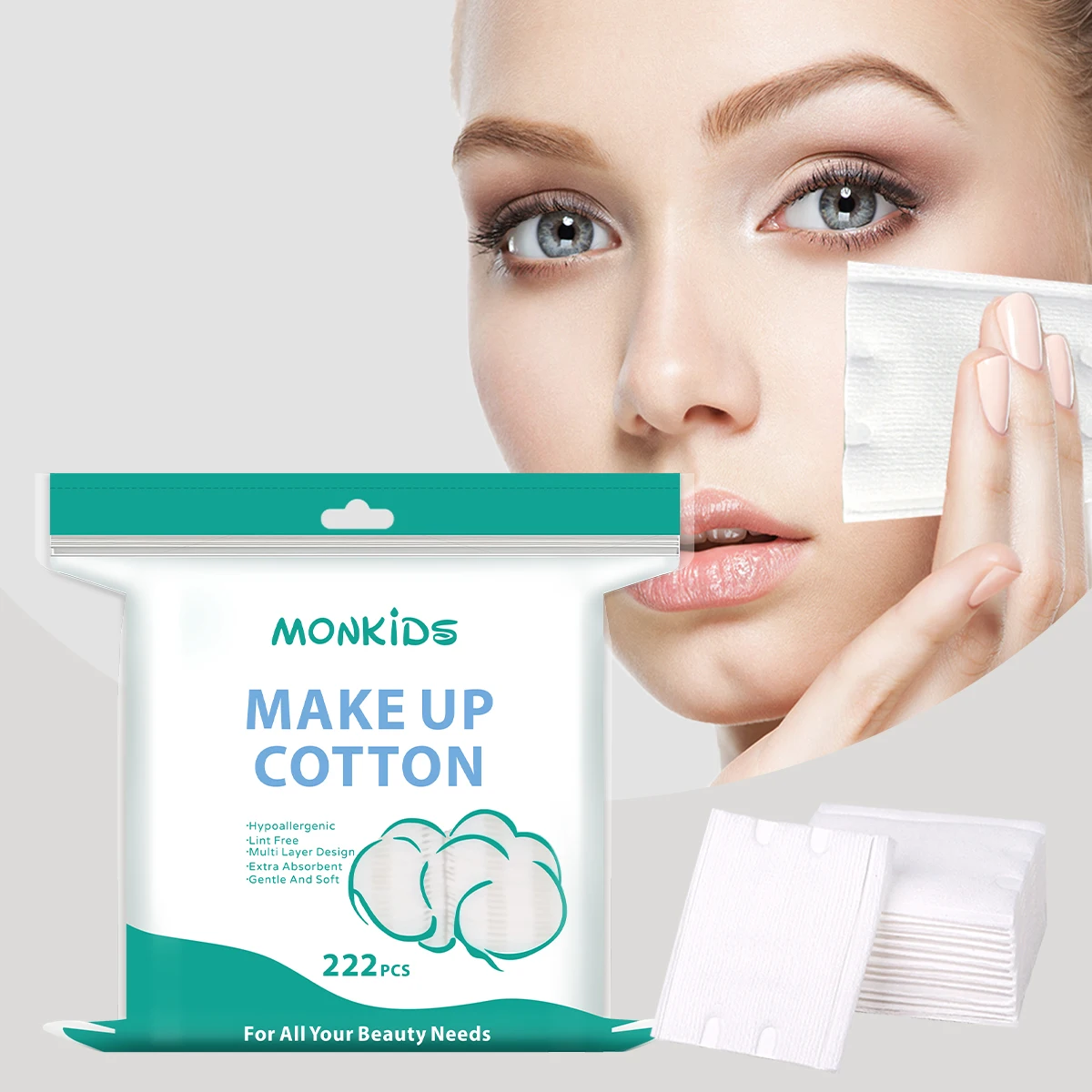 222/444PCSプロフェッショナルスクエアコットンパッド、毎日の洗顔、湿布、メイク落としに適しています。