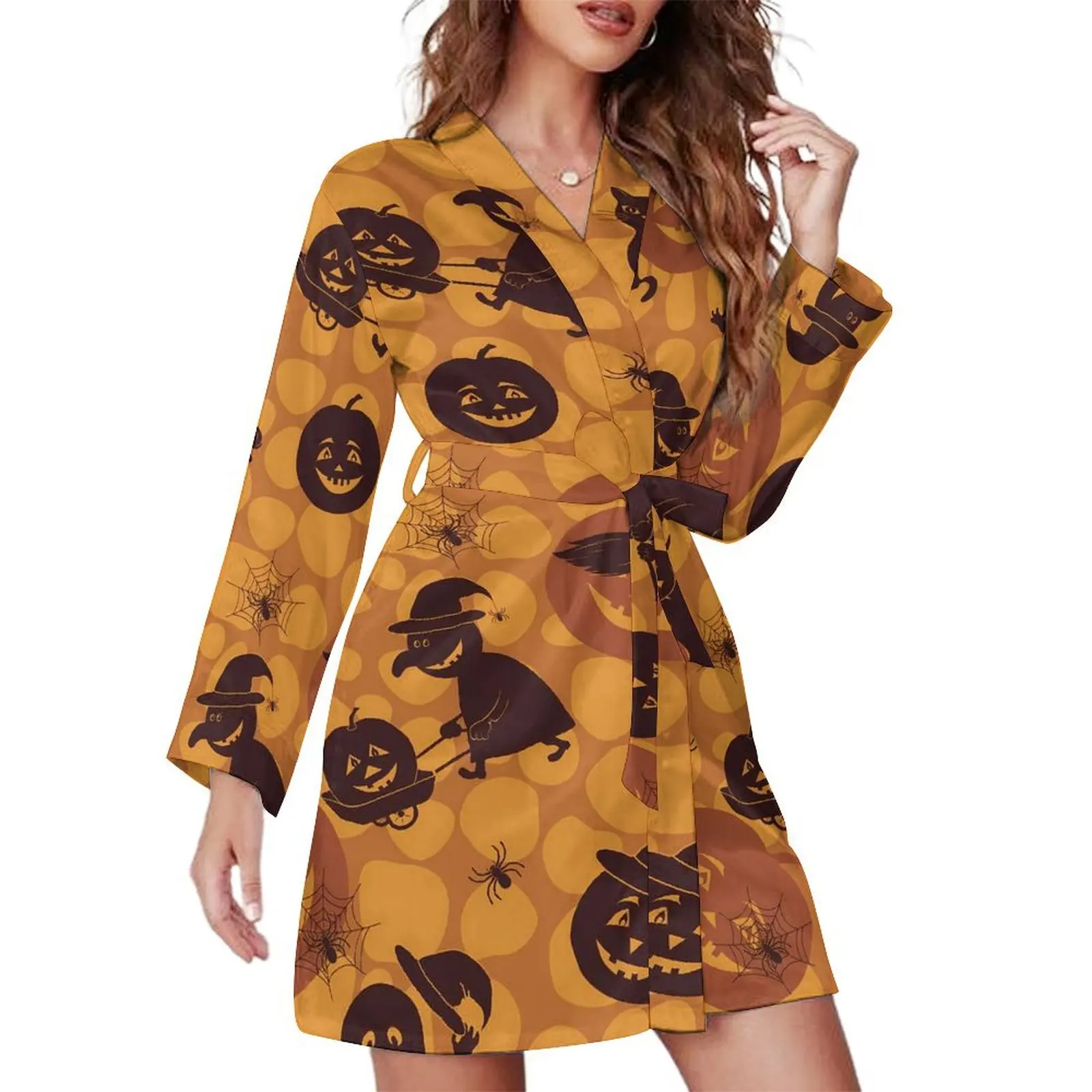 

Happy Haunts Pajama Robe Halloween Symbols Long Sleeve Lovely Pajamas Robes Women V Neck Casual Loose Nightgown Design Dress