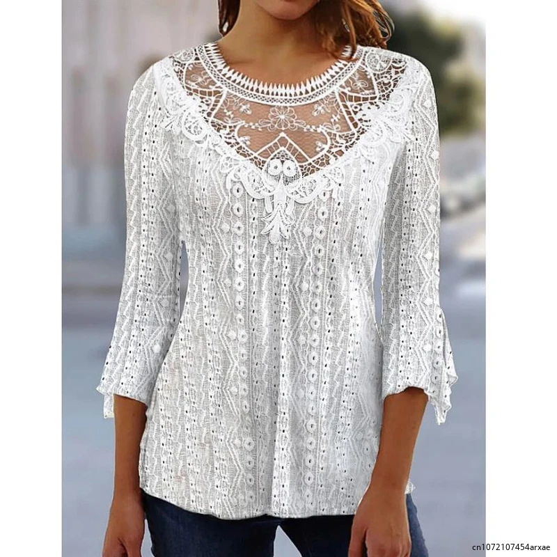 Summer Elegant Perspective Lace Splice Shirt 2023 Vintage Crochet Blouse Office Women Hollow Out 3/4 Sleeve New Casual Top