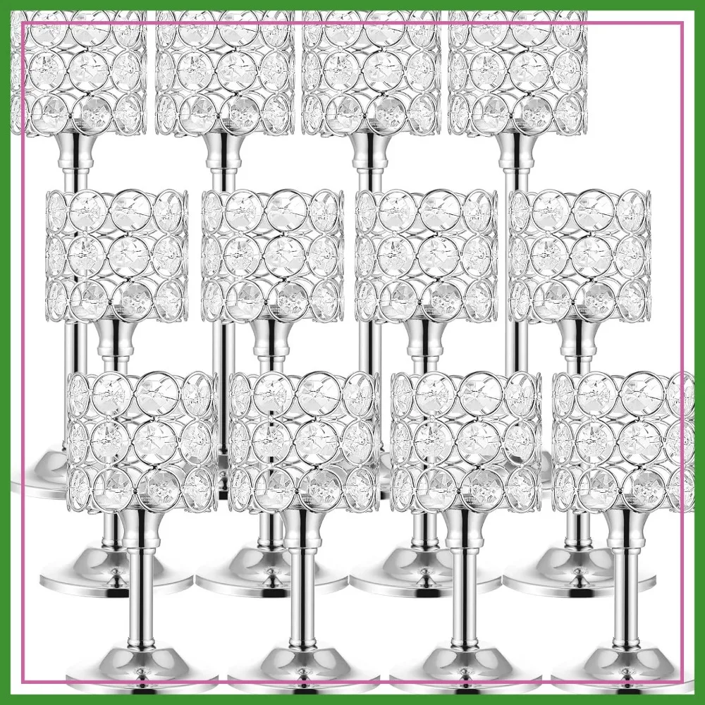 

12-Piece Crystal Candle Holders Set, 3 Sizes Tall Wedding Pillar Candelabra Stands for Table Centerpieces, Christmas Party Dining Decoration Silver