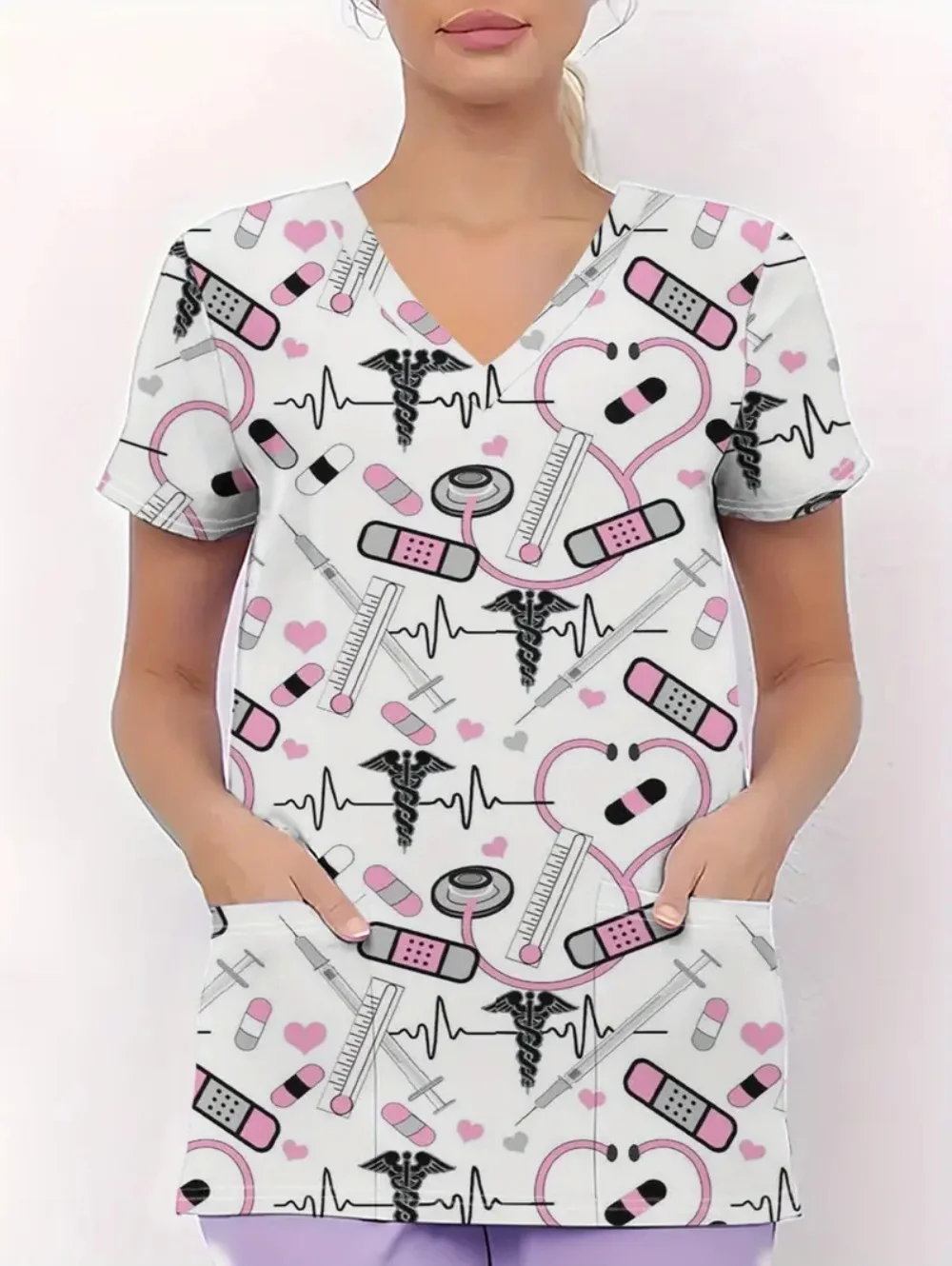 Uniforme de enfermera para mujer, bata de dentista con estampado rosa y lazo a la moda, moda de verano para mujer, manga corta con cuello en V y bolsillos, uniforme clínico