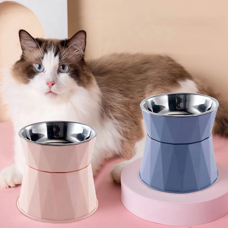 Tigela elevada antiderrapante para cães e gatos, tigela elevada de aço inoxidável para comida de gato, proteção para pescoço, filhote de cachorro, suprimentos de alimentação para gatos