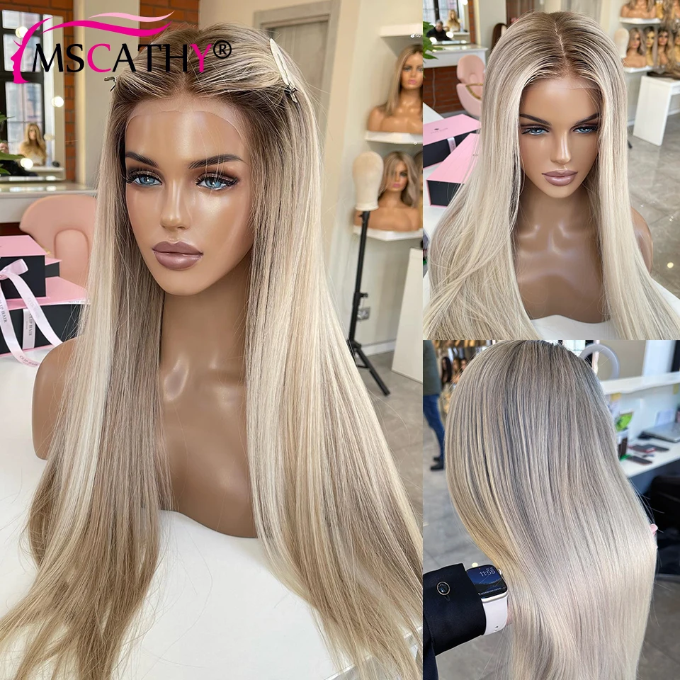 Peluquín de cabello humano sin pegamento, rubio ceniza con ombre, encaje frontal transparente 13x4 y 13x6, liso, densidad 250% 5