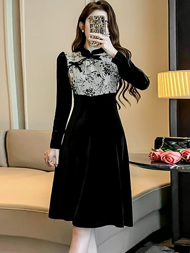 Women Floral Patchowrk Velvet Chic Cheongsam Dress Autumn Winter Black Vintage Hepburn Dress 2024 Korean Elegant Party Vestidos