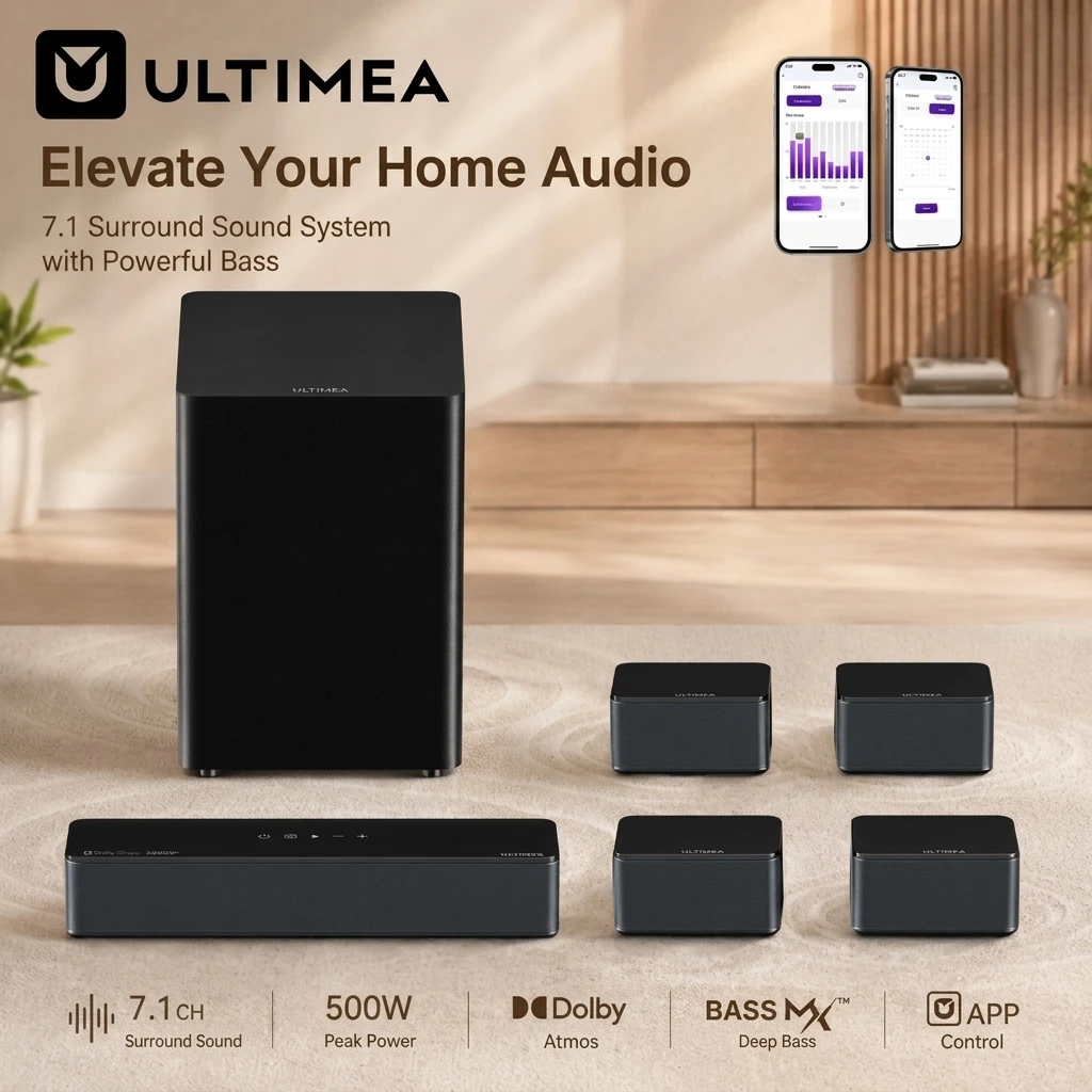 Barre de son ULTIMEA 7.1 canaux avec Dolby Atmos, caisson de basses sans fil 33 % plus puissant et 2 enceintes frontales et 2 enceintes arrière, système home cinéma avec contrôle par application