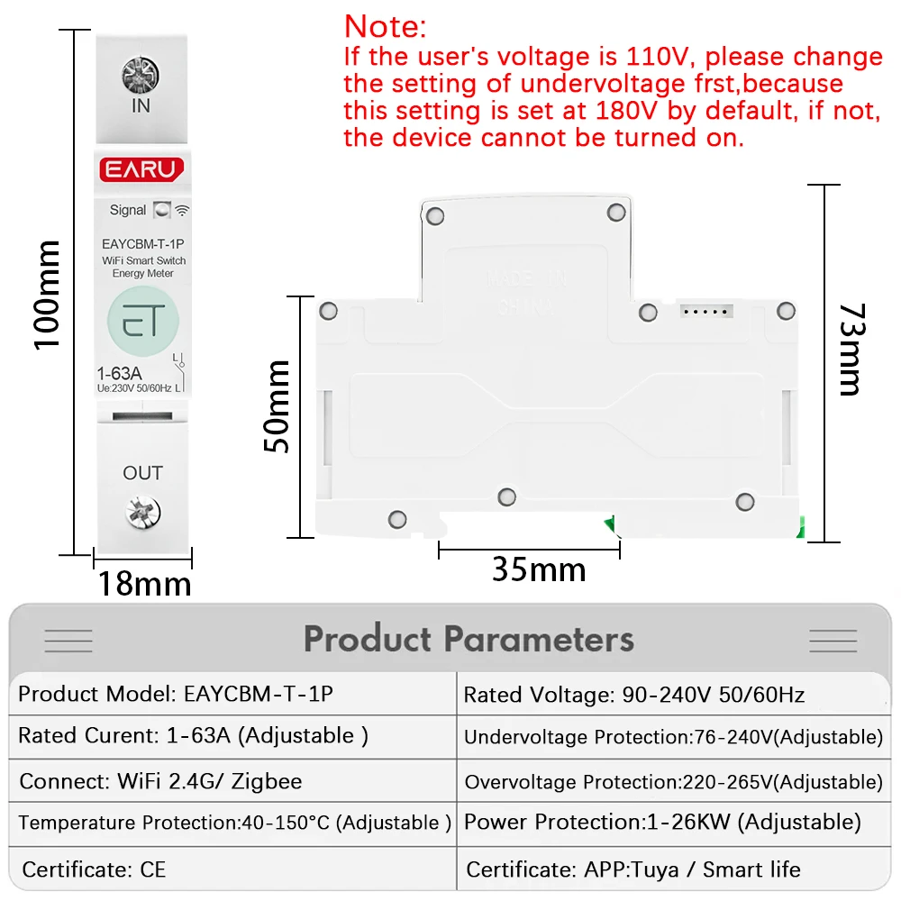 1P TUYA APP Zigbee WIFI Smart Energy Power Consumption kWh Meter Circuit Breaker Time Relay Switch Leakage Voltage Protection