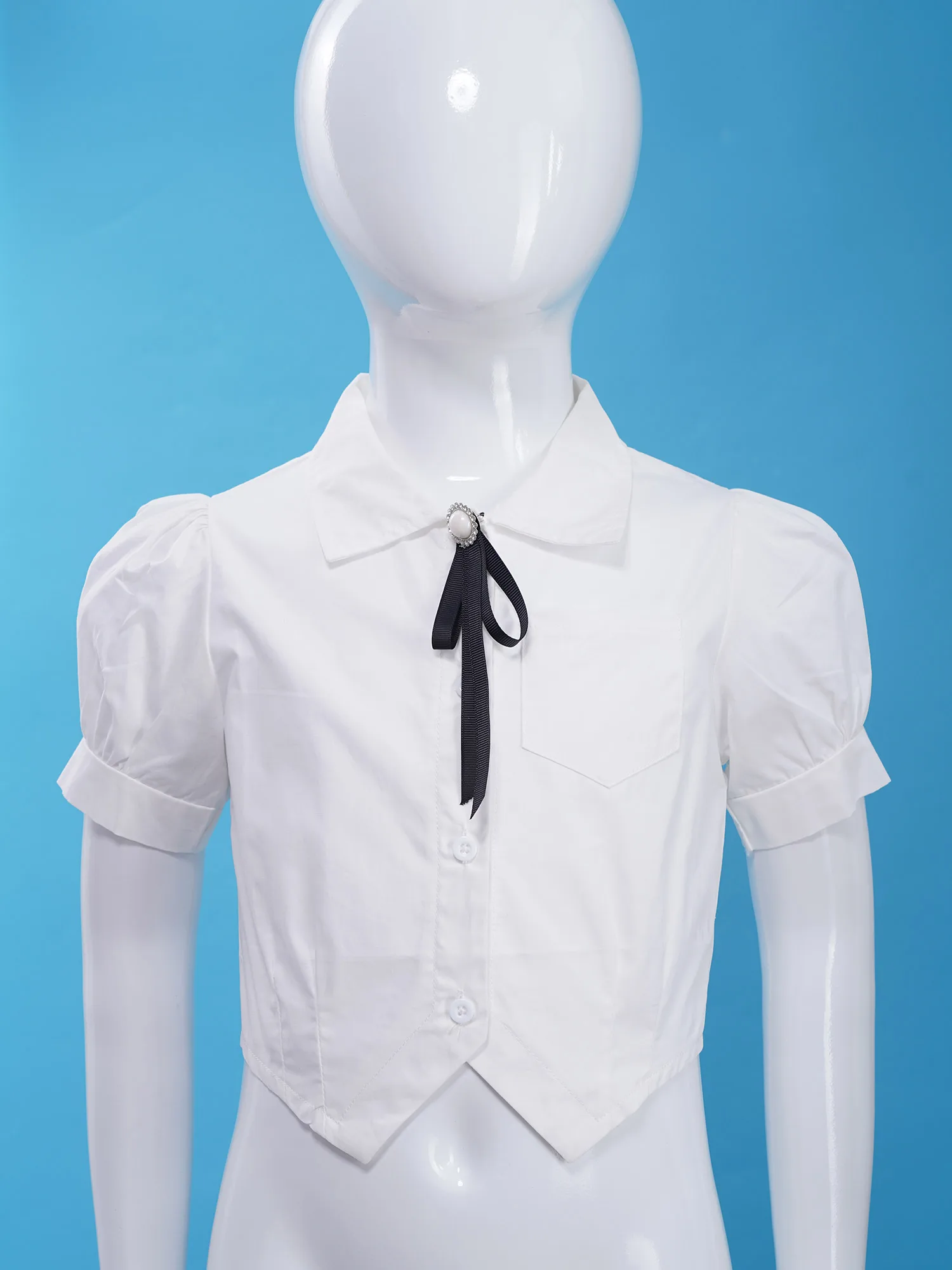 White Cute Uniform Shirts for Big Girls Short Puff Sleeves School Uniform Blouse Princess Turn-Down Collar Bowknot Button Tops