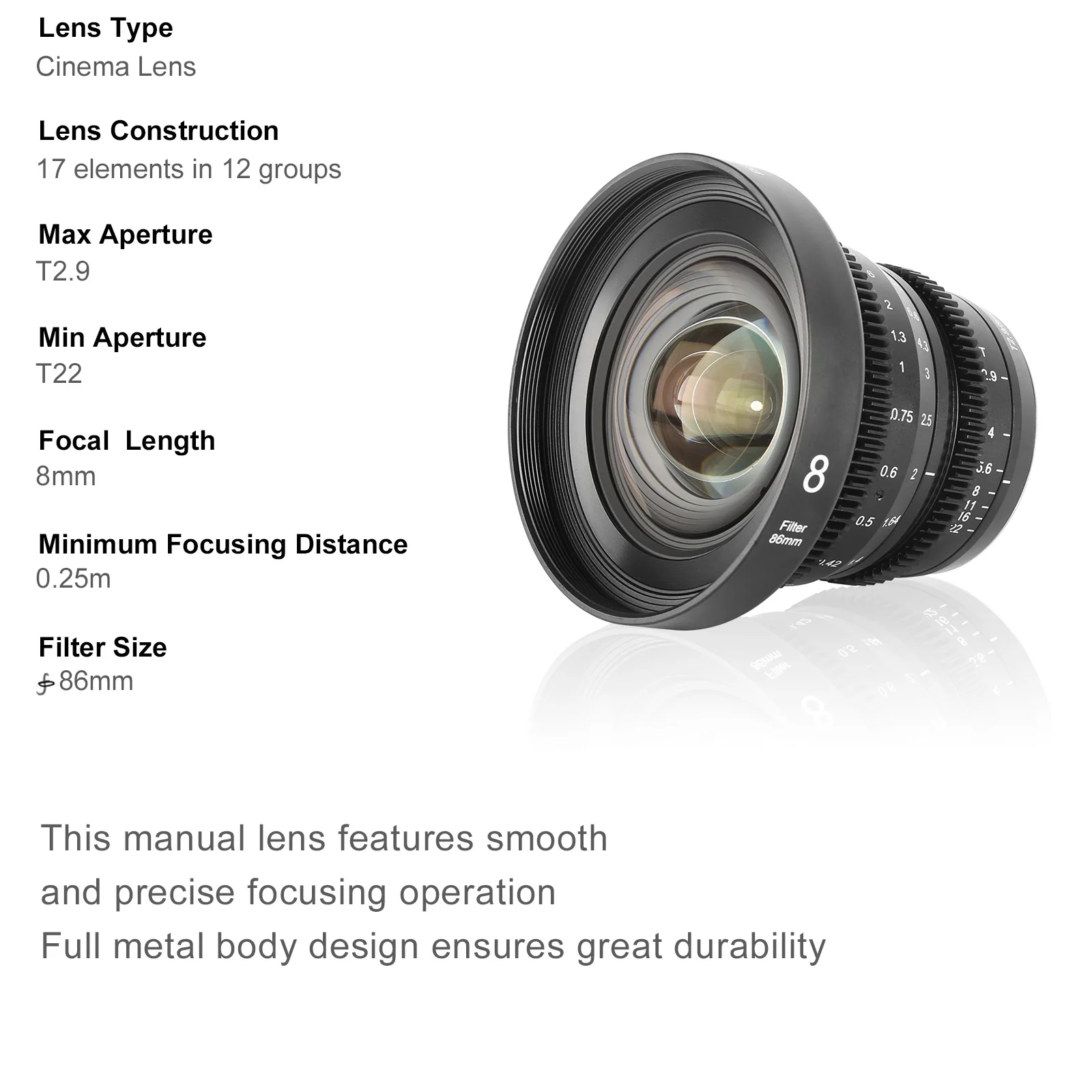 Cine Lens 8mm T2.9 For For Micro Four Thirds ( M4/3) Mount Cameras